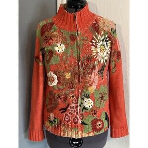 COLDWATER Embroidered Full Zip Sweater Sz M Floral Cottage core Grandma Nature